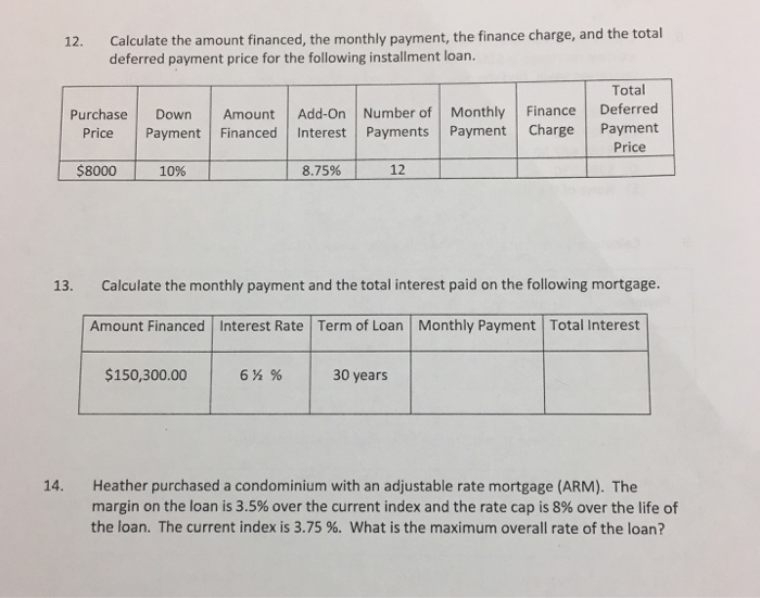 Solved 12. Calculate the amount financed, the monthly
