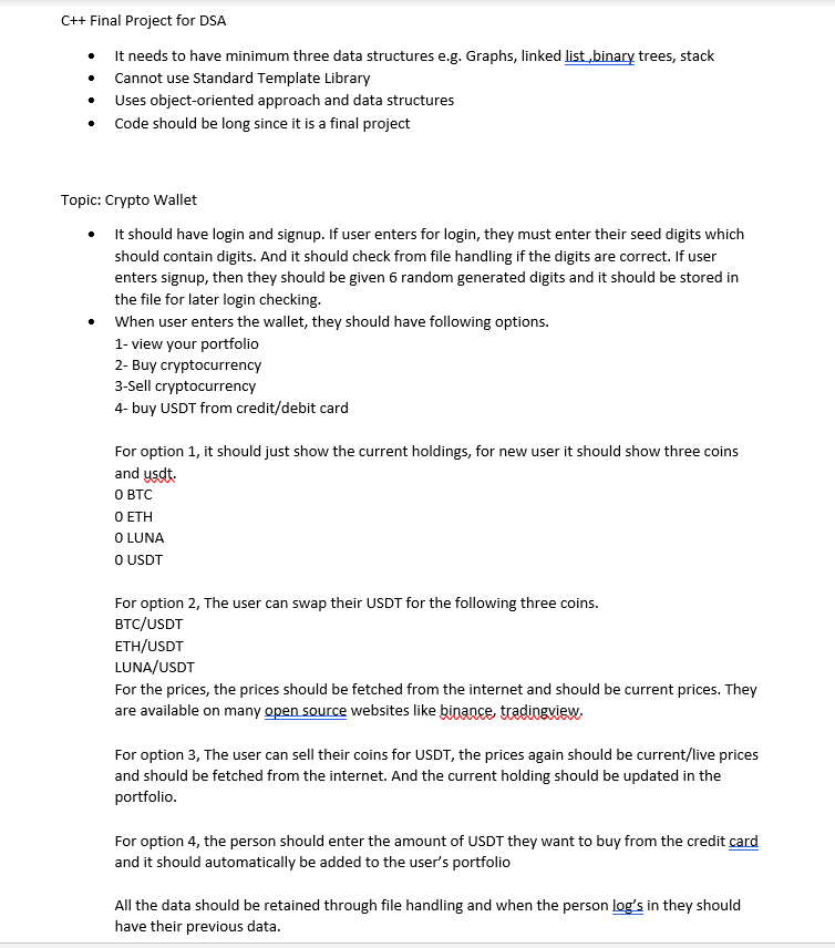 Solved C++ Final Project for DSA It needs to have minimum | Chegg.com