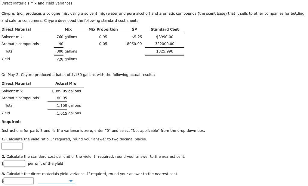 Solved Direct Materials Mix and Yield Variances Chypre,