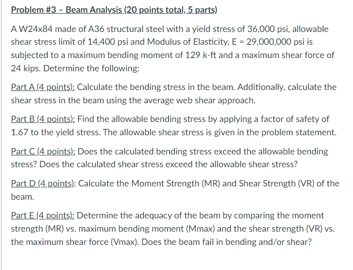 Solved Problem #3 - Beam Analysis (20 points total, 5 parts) | Chegg.com