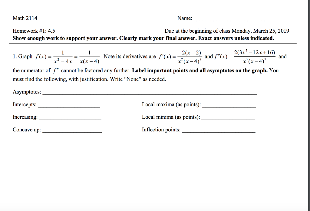 Solved math 2114 name homework 1 4 5 show enough work to chegg