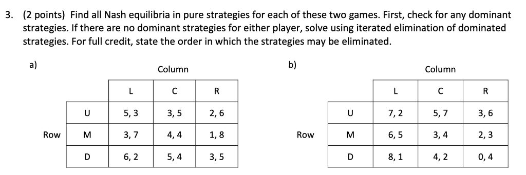 Solved 3. (2 points) Find all Nash equilibria in pure | Chegg.com