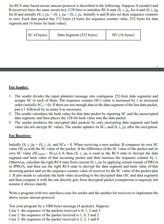 An rc4 state based secure unicast protocol is described in the following: suppose a (sender) and b (receiver) have the same s