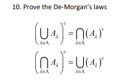 10. Prove the De-Morgans laws ª UA, = Π(4) A₂ ΖΕΛ λεΛ ΠΑ, 1 = U (4) λεΛ λεΛ