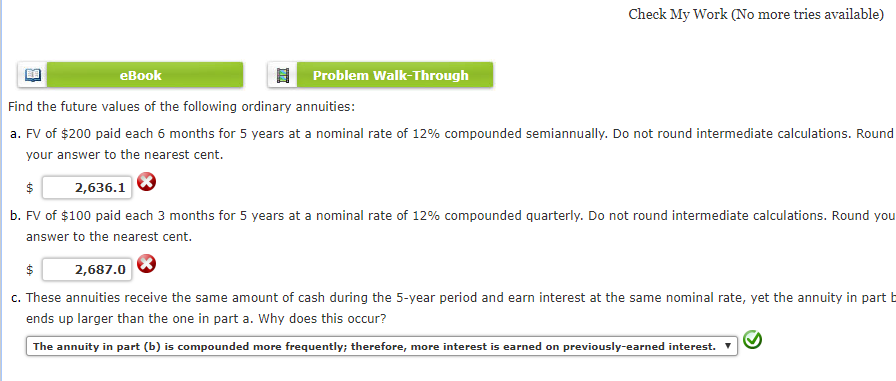 Solved Check My Work (No more tries available) eBook Problem | Chegg.com