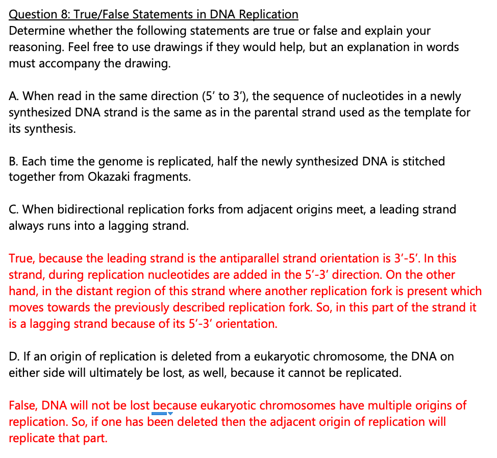Solved Question 8 True/False Statements in DNA Replication