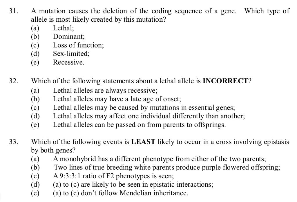 Solved 31. Which type of A mutation causes the deletion of | Chegg.com