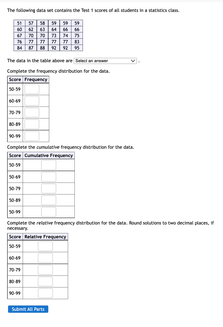 Solved The following data set contains the Test 1 scores of | Chegg.com