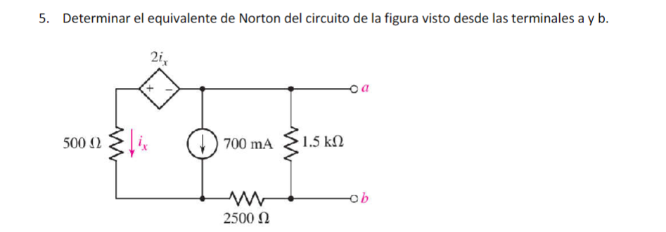 5. Determinar el equivalente de Norton del circuito de la figura visto desde las terminales \( a \) y \( b \).