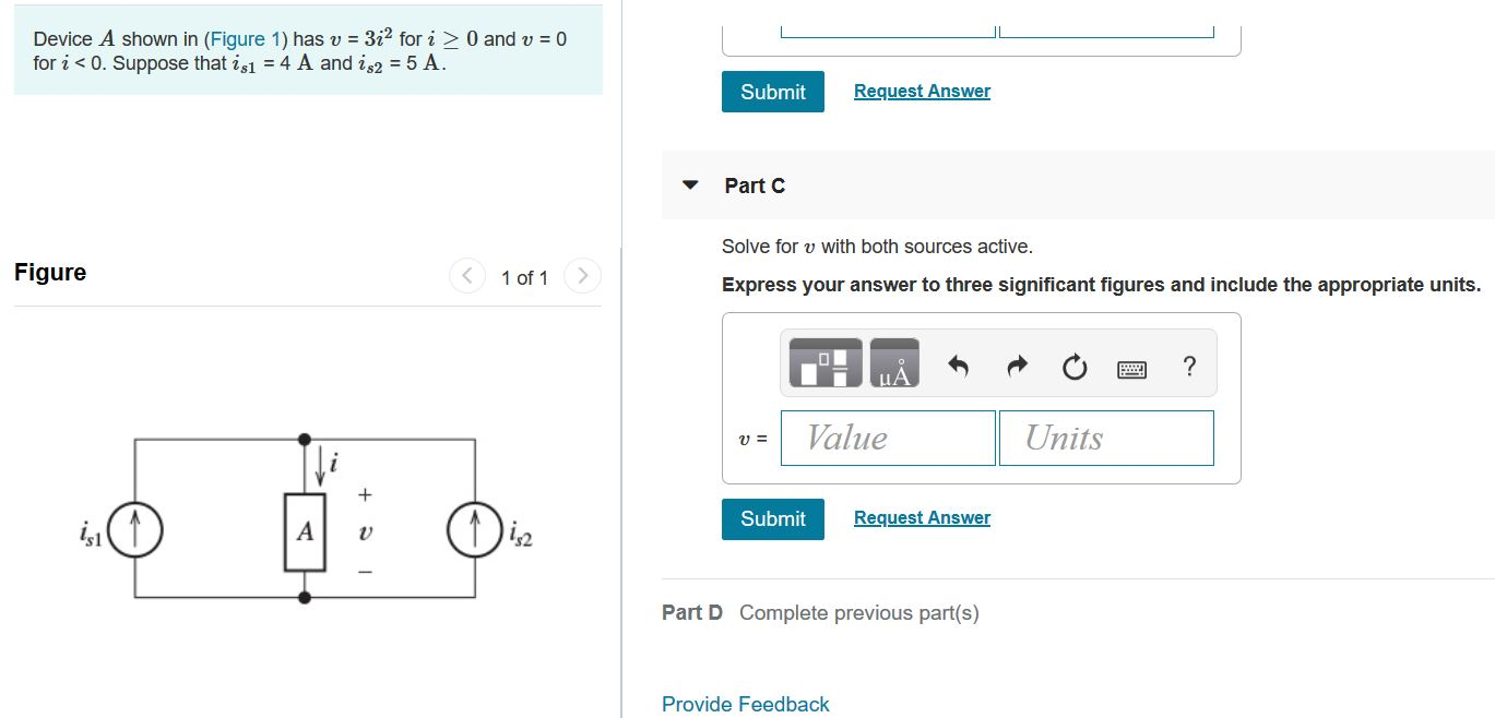 Solved Part A Device A Shown In (Figure 1) Has V = 3i2 For I | Chegg.com