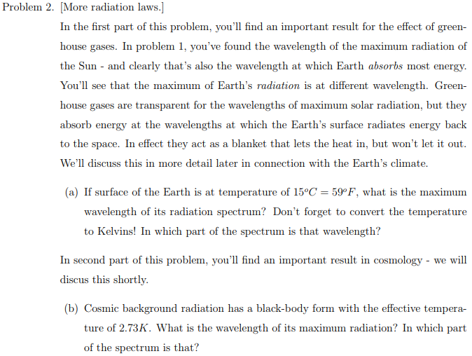 Solved Problem 2. More radiation laws.] In the first part of | Chegg.com