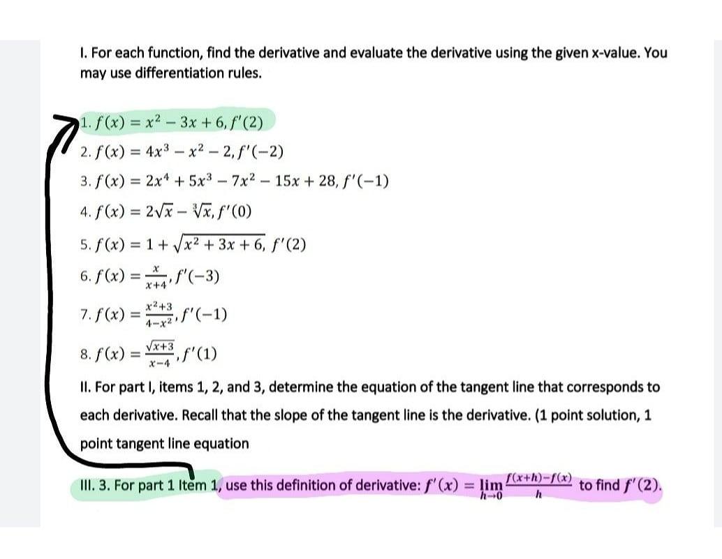 Solved 1. For each function, find the derivative and | Chegg.com