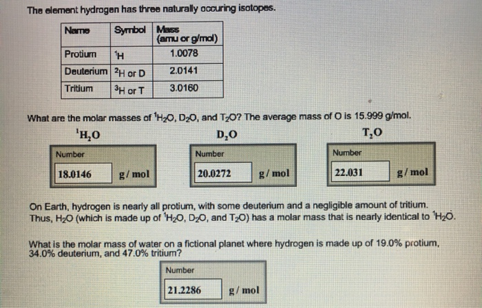 Solved The element hydrogen has three naturally occuring | Chegg.com