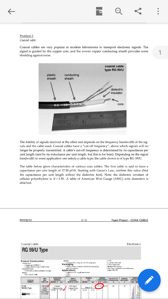 个 Problem 1 Conxial Cable Coaxial Cables Are Ve Chegg Com