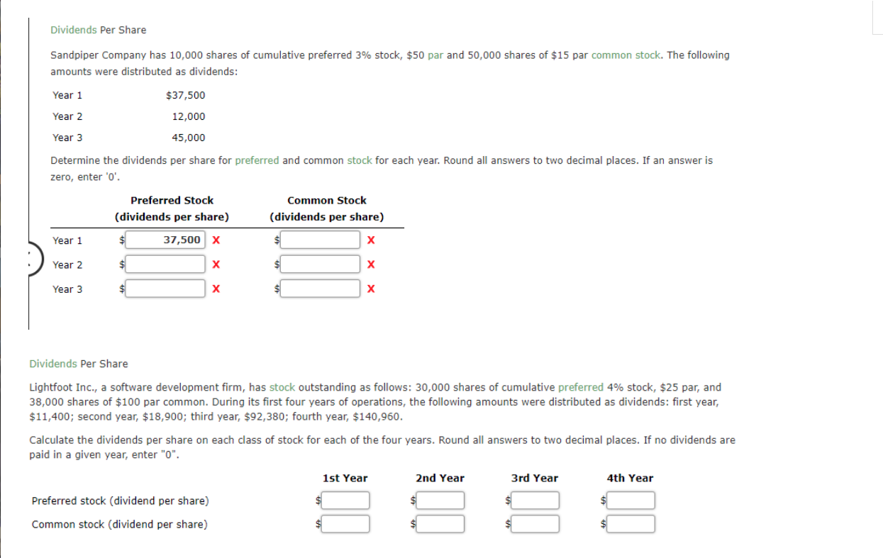 Solved Dividends Per Share Sandpiper Company has 10,000 | Chegg.com