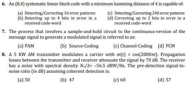 Solved 6. An (8,4) systematic linear block code with a | Chegg.com