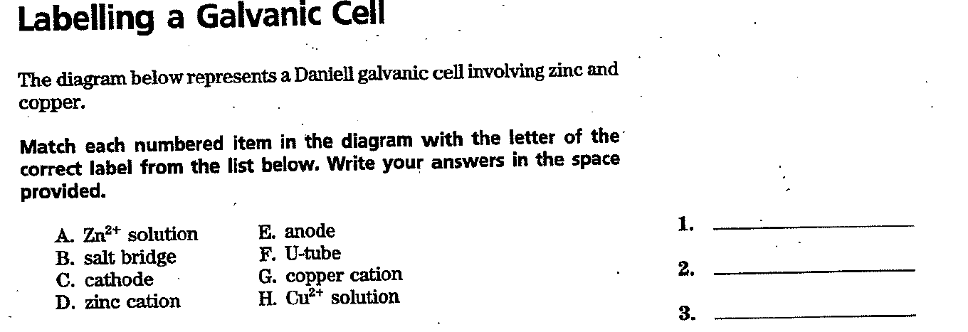 Labelling a Galvanic Cell
The diagram below represents a Daniell galvanic cell involving zinc and
copper.
Match each numbered