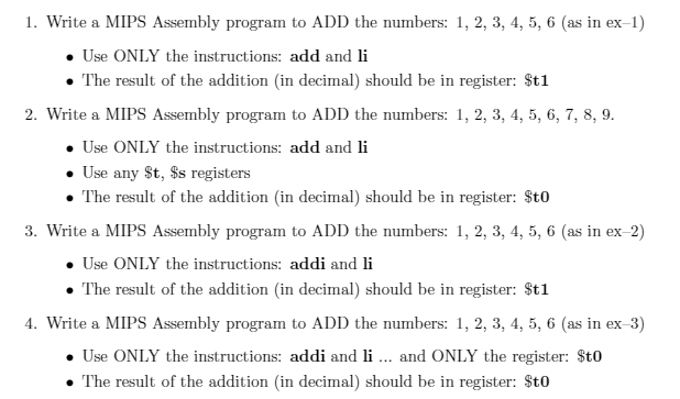 Solved 1. Write a MIPS Assembly program to ADD the numbers: | Chegg.com