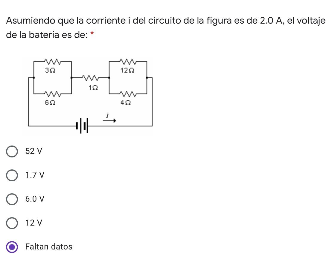 Asumiendo que la corriente i del circuito de la figura es de 2.0 A, el voltaje de la batería es de: * 322 122 122 62 42 Hot 5