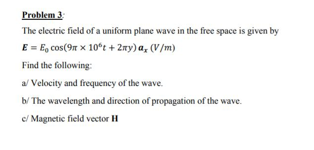 Solved Problem 3: The electric field of a uniform plane wave | Chegg.com