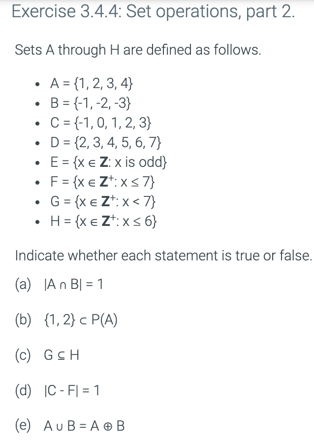 Solved Exercise 3.4.4: Set operations, part 2. Sets A | Chegg.com