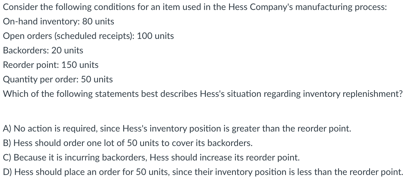 Solved Consider the following conditions for an item used in | Chegg.com