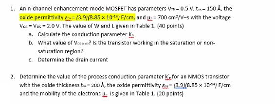 Solved 1 An N Channel Enhancement Mode Mosfet Has Parame Chegg Com
