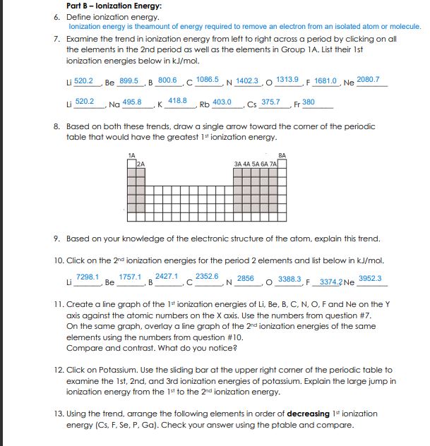 Solved Part B - Ionization Energy: 6. Define ionization | Chegg.com