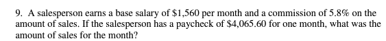 Solved 9. A salesperson earns a base salary of $1,560 per | Chegg.com ...