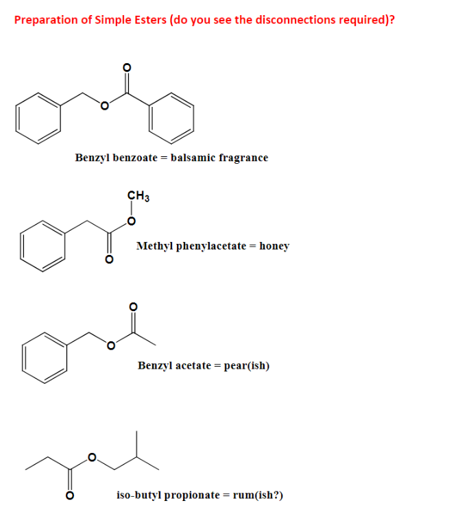 Preparation of Simple Esters (do you see the disconnections required)?
Benzyl benzoate \( = \) balsamic fragrance