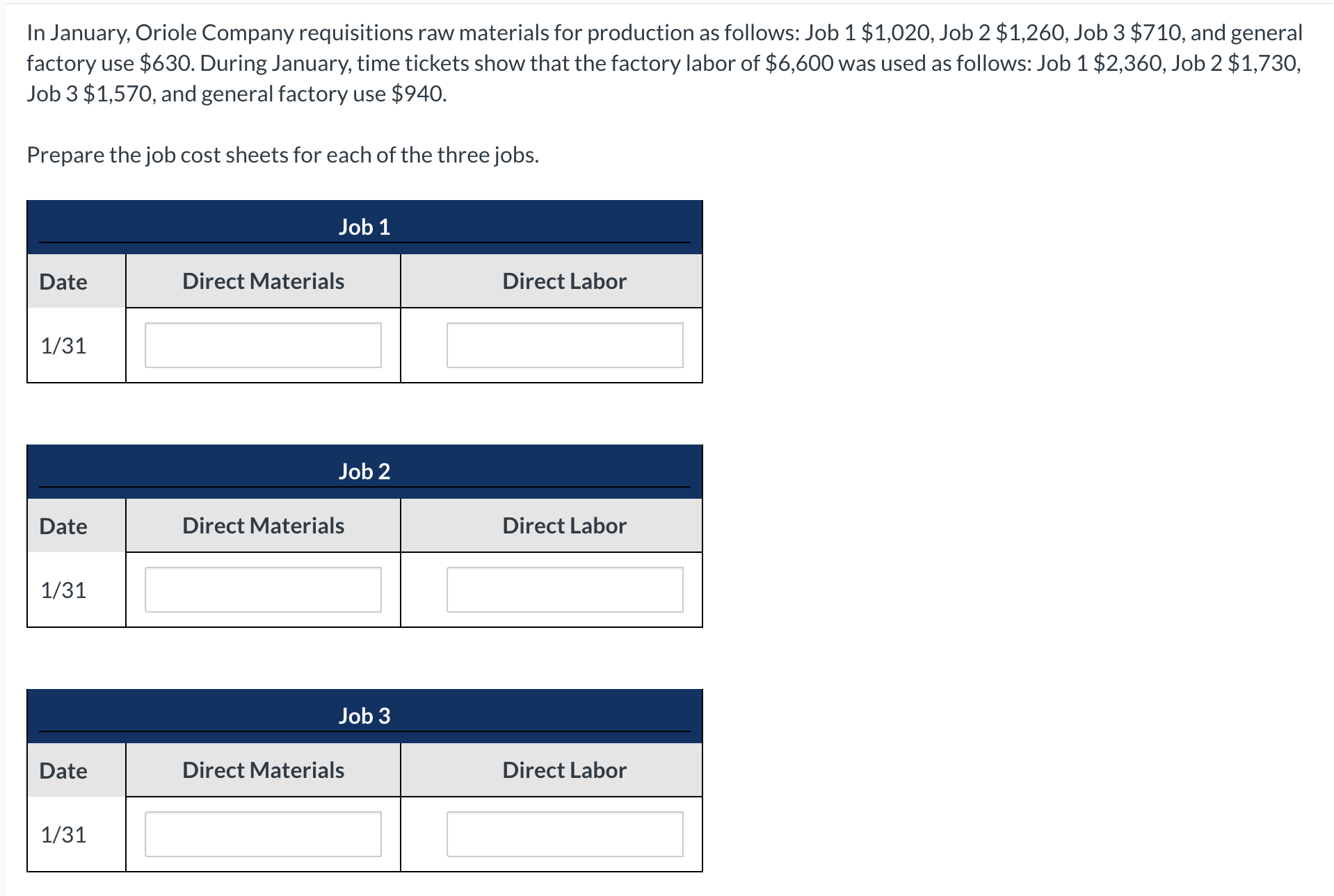 Solved In January, Oriole Company requisitions raw materials