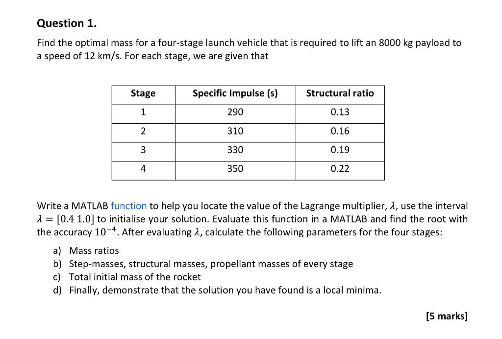 Question 1. Find the optimal mass for a fourstage