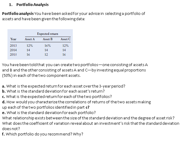 Solved 1. Portfolio Analysis Portfolio Analysis You Have | Chegg.com