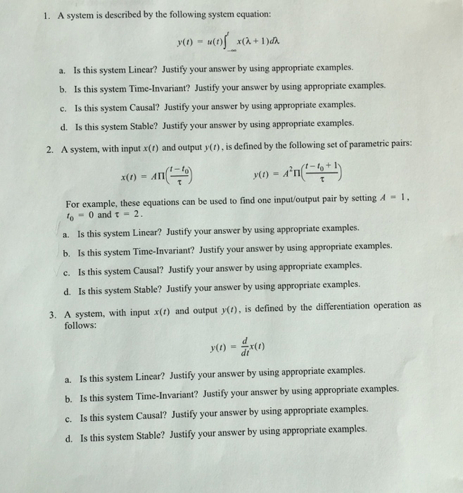 Solved 1. A system is described by the following system | Chegg.com