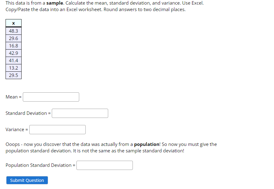 Solved This data is from a sample. Calculate the mean, | Chegg.com