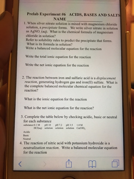 Solved Prelab Experiment 6 ACIDS, BASES AND SALTS NAME 1.
