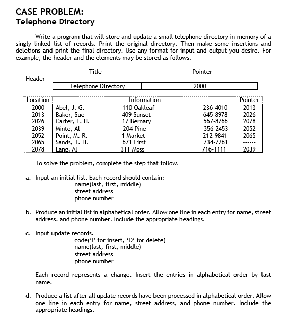 Solved CASE PROBLEM: Telephone Directory Write a program | Chegg.com