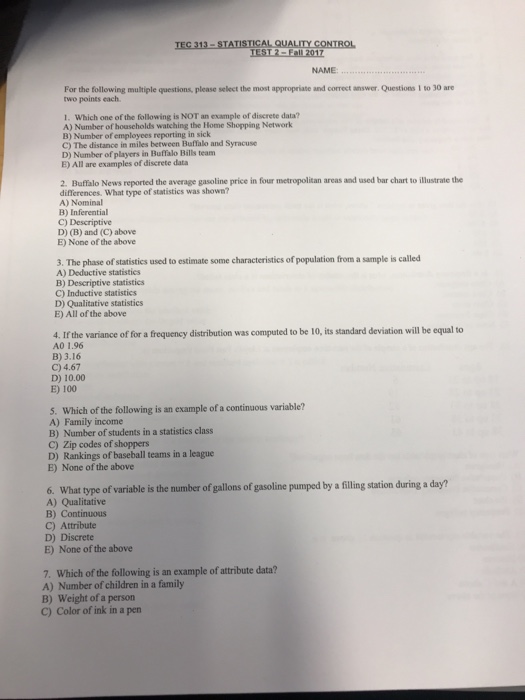 Solved TEC 313STATISTICAL QUALITY CONTROL TEST2 Fall 2017