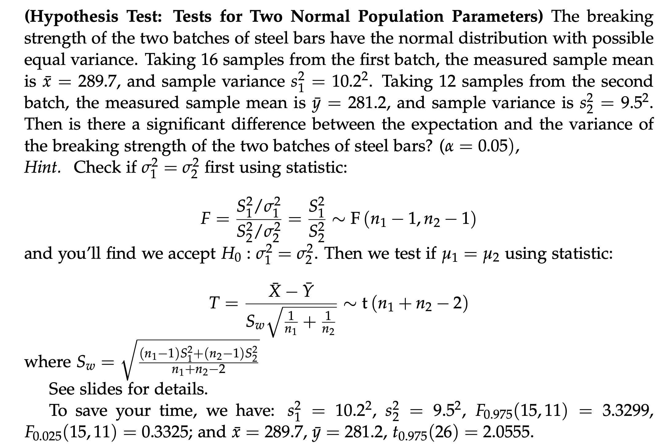 Solved (Hypothesis Test: Tests for Two Normal Population | Chegg.com