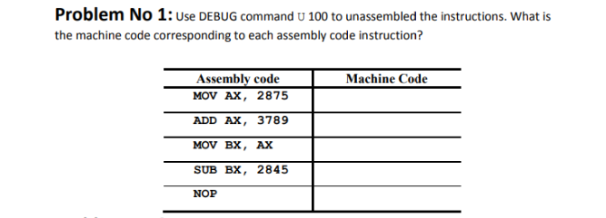 Solved Problem No 1: Use DEBUG command u 100 to unassembled | Chegg.com