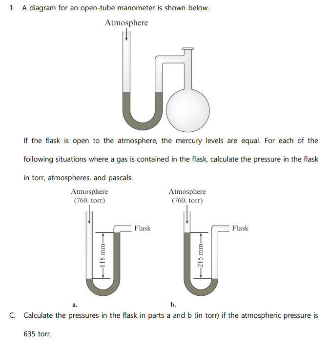 Solved 1. A diagram for an open-tube manometer is shown | Chegg.com