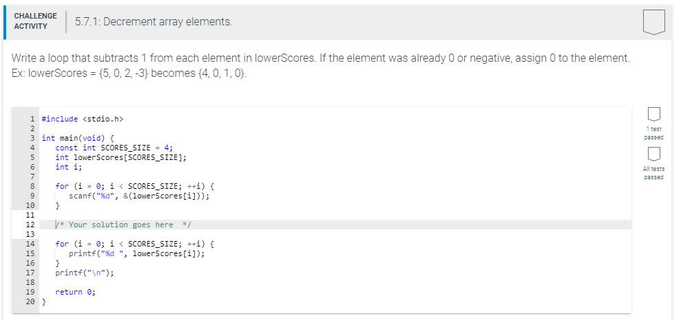Solved CHALLENGE ACTIVITY 5.7.1: Decrement array elements. | Chegg.com