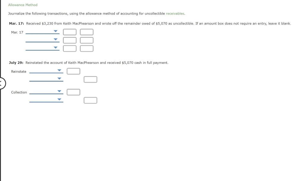 Solved Allowance Method Journalize the following | Chegg.com