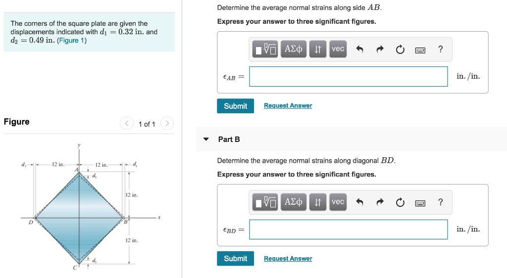 Solved Determine the average normal strains along side AB | Chegg.com