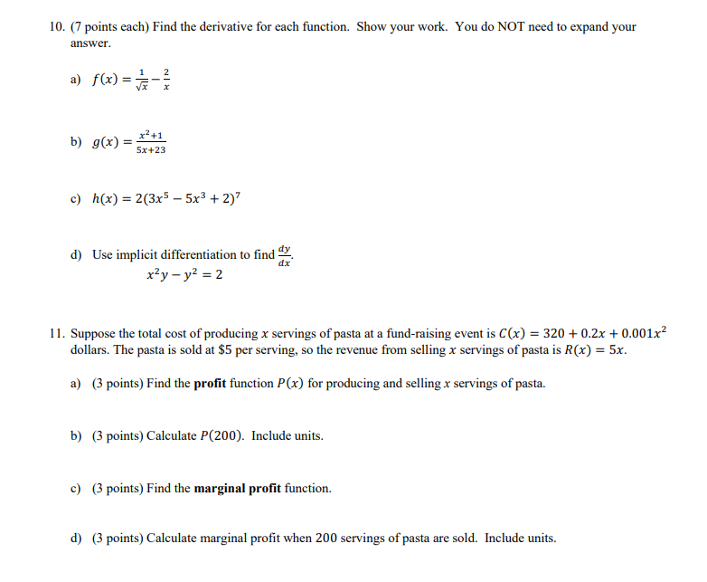 Solved 10. (7 points each) Find the derivative for each | Chegg.com