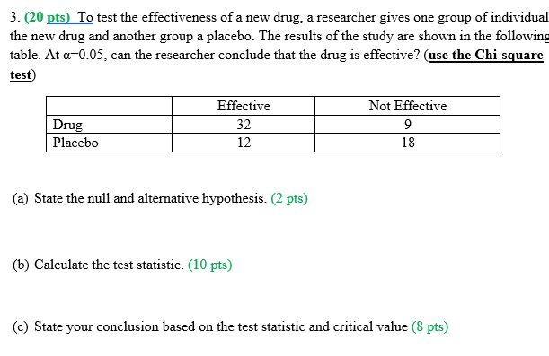 Solved 3. (20 pts) To test the effectiveness of a new drug, | Chegg.com