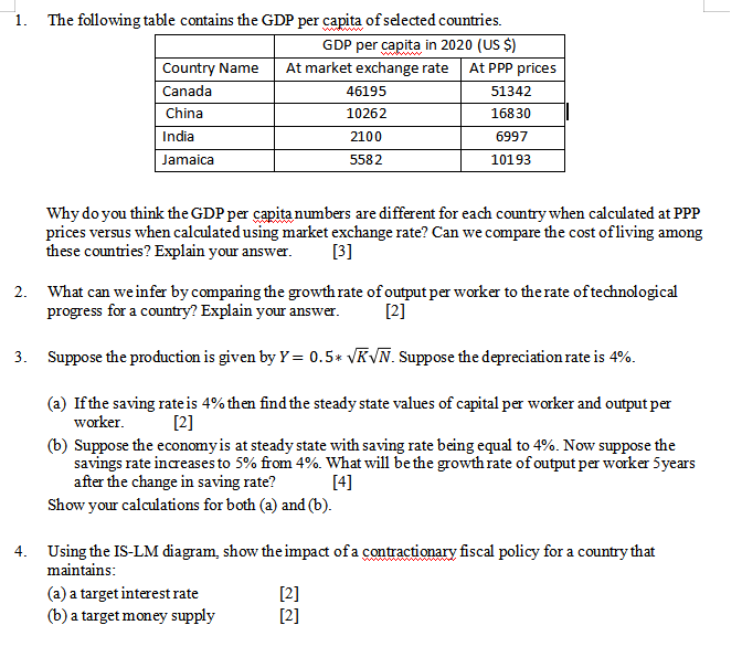 Solved 1. The Following Table Contains The GDP Per Capita Of | Chegg.com