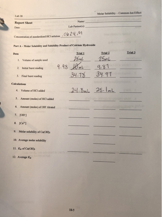 experiment 22 molar solubility common ion effect report sheet