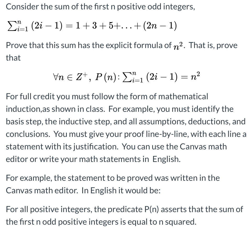 Solved Consider The Sum Of The First N Positive Odd Integ Chegg Com
