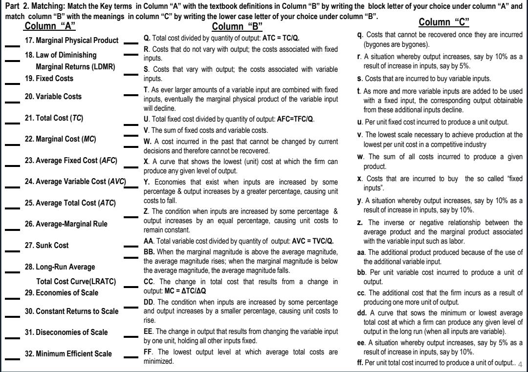 Solved in Column "A" with the textbook definitions in Column